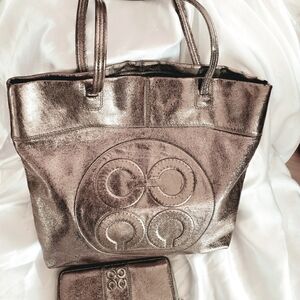 Coach Large Metallic Tote Wallet Bundle